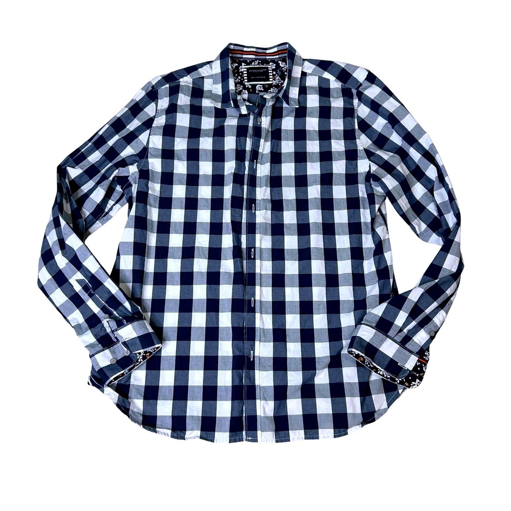 Denim & Flower Ricky Singh Mens XL Navy Blue White Buffalo Check Cotton Shirt